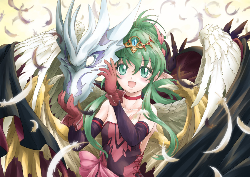 1girl bracelet chiki dragon dress fire_emblem fire_emblem:_mystery_of_the_emblem green_eyes green_hair hair_ornament highres jewelry long_hair looking_at_viewer mamkute naka_(nicovideo14185763) pink_dress pink_legwear pointy_ears ponytail smile solo tiara