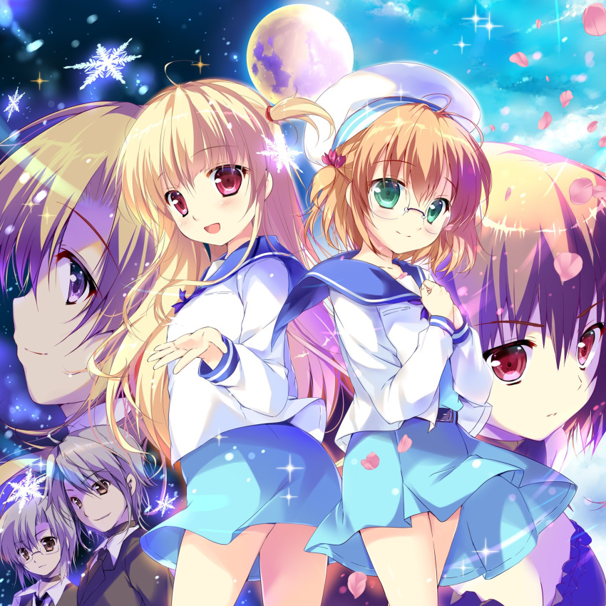 1boy 5girls :d antenna_hair bangs blonde_hair blue_skirt blunt_bangs brown_hair collarbone cowboy_shot eyebrows_visible_through_hair full_moon glasses hat highres long_hair mikeou miniskirt moon multiple_girls one_side_up open_mouth parted_lips pleated_skirt red_eyes rimless_eyewear school_uniform serafuku shirt short_hair silver_hair skirt smile snowflakes sparkle standing very_long_hair white_hat white_shirt