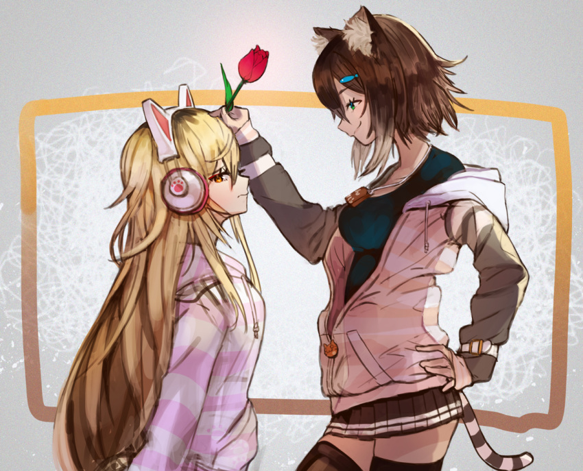 2girls animal_ears bangs black_shirt blonde_hair blush breasts brown_hair cat_ear_headphones cat_ears cat_tail closed_mouth commentary eyebrows_visible_through_hair fish_hair_ornament flower fumino_tamaki green_eyes hair_between_eyes hair_ornament headphones height_difference ienaga_mugi long_hair long_sleeves looking_at_another medium_breasts miniskirt multiple_girls nijisanji pink_pajamas seimannu shirt short_hair skirt smile striped_hoodie tail thigh-highs tulip very_long_hair virtual_youtuber yellow_eyes zettai_ryouiki