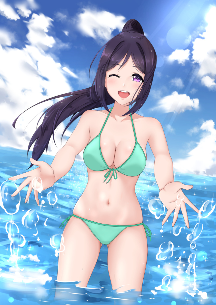 1girl arhah bikini black_hair blue_sky breasts cleavage clouds cowboy_shot day dutch_angle front-tie_top green_bikini highres lens_flare light_rays long_hair looking_at_viewer love_live! love_live!_sunshine!! matsuura_kanan medium_hair navel ocean open_mouth outdoors ponytail side-tie_bikini sky smile solo splashing sunbeam sunlight swimsuit violet_eyes water