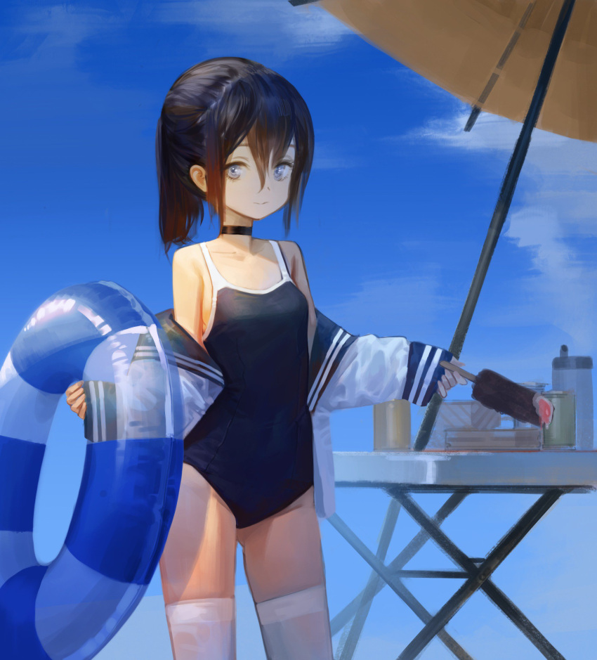 1girl ass_visible_through_thighs bangs beach_umbrella black_choker black_hair blue_eyes blue_sky breasts choker cup day dokshuri food groin hair_between_eyes highres holding holding_food ice_cream innertube long_sleeves looking_at_viewer medium_hair one-piece_swimsuit original outdoors ponytail school_uniform serafuku sky small_breasts solo standing swimsuit swimsuit_under_clothes table thigh-highs umbrella white_legwear