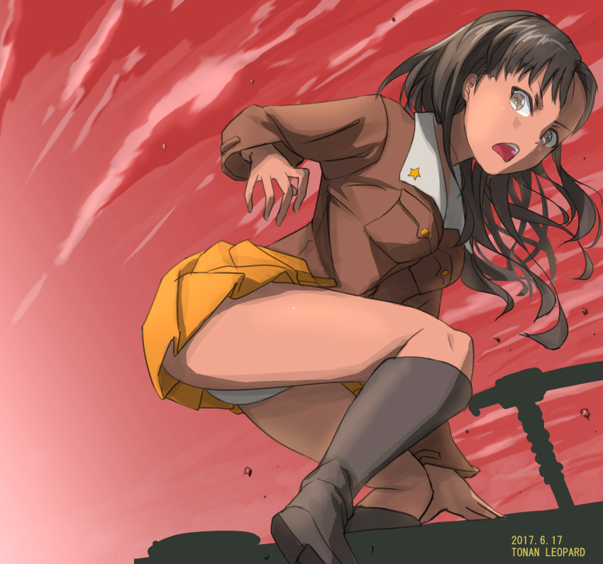 1girl absurdres arm_support artist_name asymmetrical_bangs bangs black_footwear boots brown_eyes brown_hair brown_jacket commentary_request dated frown girls_und_panzer ground_vehicle highres jacket knee_boots long_hair long_sleeves looking_at_viewer looking_back military military_uniform military_vehicle miniskirt motor_vehicle nishi_kinuyo open_mouth panties pantyshot pantyshot_(squatting) pleated_skirt red_sky skirt sky solo squatting tank tonan_leopard type_97_chi-ha underwear uniform white_panties wind yellow_skirt