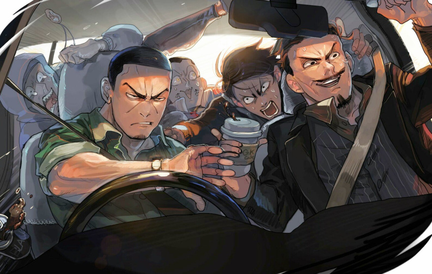 5boys can canned_coffee clenched_teeth coffee contemporary driving facial_hair goatee golden_kamuy jacket jewelry koito leaning male_focus multiple_boys mustache necklace nikaidou_kouhei oku_(2964_okn) open_clothes open_jacket open_mouth sharp_teeth shaved_head short_sleeves shouting spilling sweat tearing_up teeth tsukishima tsurumi_(golden_kamuy) usami_(golden_kamuy) yellow_eyes