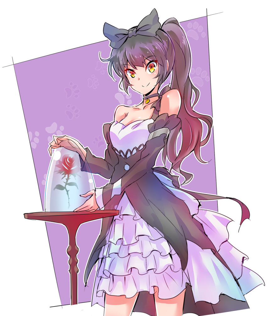 1girl animal_ears beauty_and_the_beast black_hair blake_belladonna bow cat_ears dress flower hair_bow highres iesupa long_hair ribbon rwby solo yellow_eyes