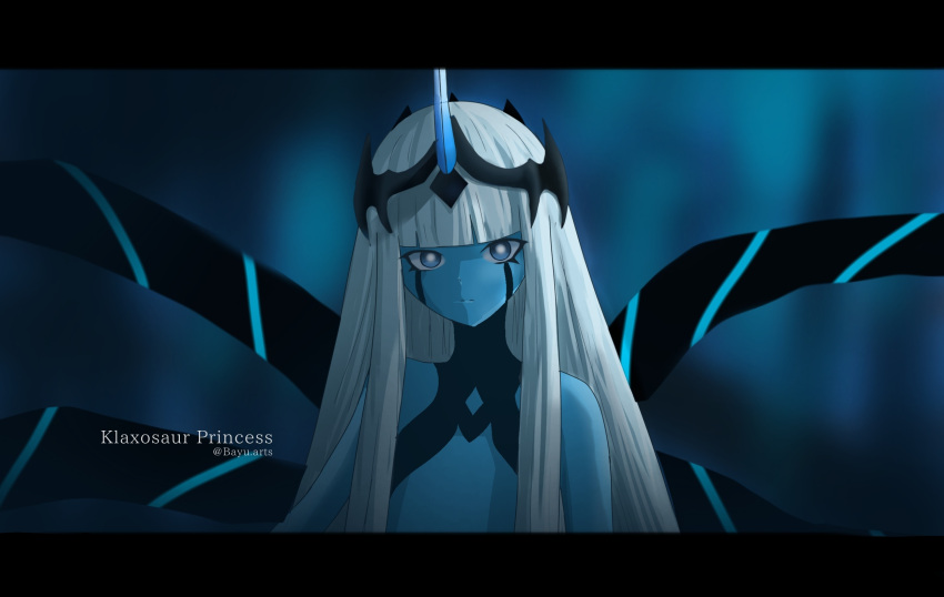 001_(darling_in_the_franxx) 1girl bangs bayu.arts blue_eyes blue_skin character_name darling_in_the_franxx highres horn long_hair looking_at_viewer silver_hair solo twitter_username very_long_hair