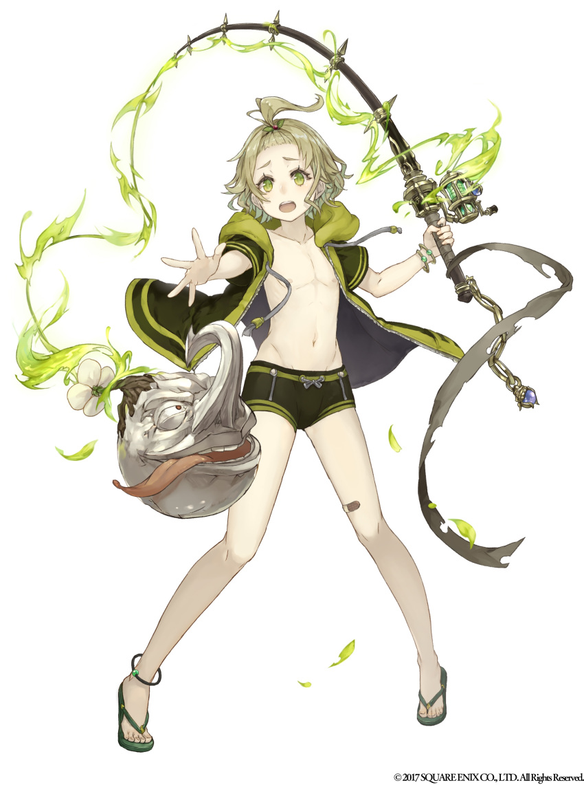 1boy absurdres ahoge bandaid chains fishing_rod full_body green_eyes green_hair highres jacket jino long_nose male_swimwear navel official_art pigeon-toed pinocchio_(sinoalice) sandals sinoalice swim_trunks swimwear tongue tongue_out white_background worried