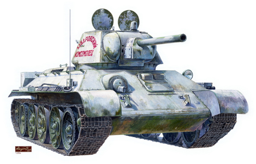 acrylic_paint_(medium) calligraphy_brush calligraphy_brush_(medium) ground_vehicle koizumi_kazuaki_production military military_vehicle motor_vehicle original paintbrush russian ssoviet_union t-34 tank traditional_media translation_request white_background