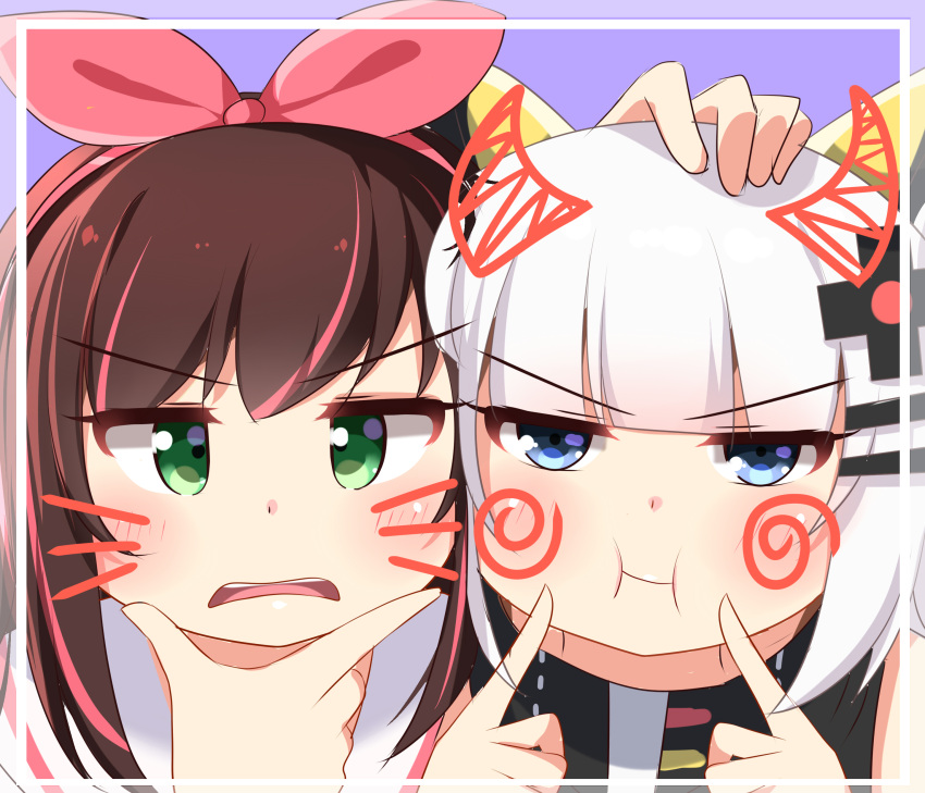 2girls :i a.i._channel absurdres agung_syaeful_anwar blue_eyes blush brown_hair cheek_poking closed_mouth commentary crossover green_eyes hair_ornament hair_ribbon hairclip hand_on_another's_head highres kaguya_luna kaguya_luna_(character) kizuna_ai long_hair looking_at_viewer multicolored_hair multiple_girls parted_lips pink_hair pink_ribbon poking ribbon silver_hair streaked_hair upper_teeth v-shaped_eyebrows virtual_youtuber whisker_markings