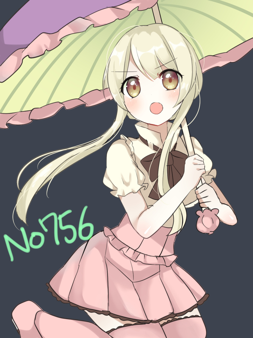 1girl bangs black_bow black_neckwear blonde_hair blue_background blush bow bowtie brown_eyes dot_nose eyebrows eyebrows_visible_through_hair gen_7_pokemon highres holding holding_umbrella long_hair miniskirt number open_mouth ougi_hina personification pink_skirt pleated_skirt pokemon puffy_short_sleeves puffy_sleeves purple_umbrella shiinotic shirt short_sleeves simple_background skirt solo umbrella v-shaped_eyebrows white_shirt