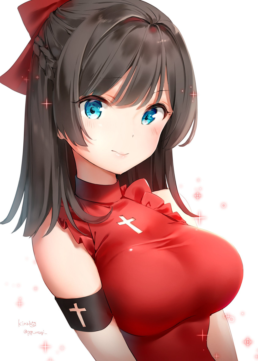 1girl armband bare_shoulders blue_eyes blush bow braid breasts brown_hair closed_mouth commentary_request copyright_request dress french_braid hair_bow highres large_breasts latin_cross long_hair looking_at_viewer red_bow red_dress shiratama_akane smile solo sparkle twitter_username upper_body
