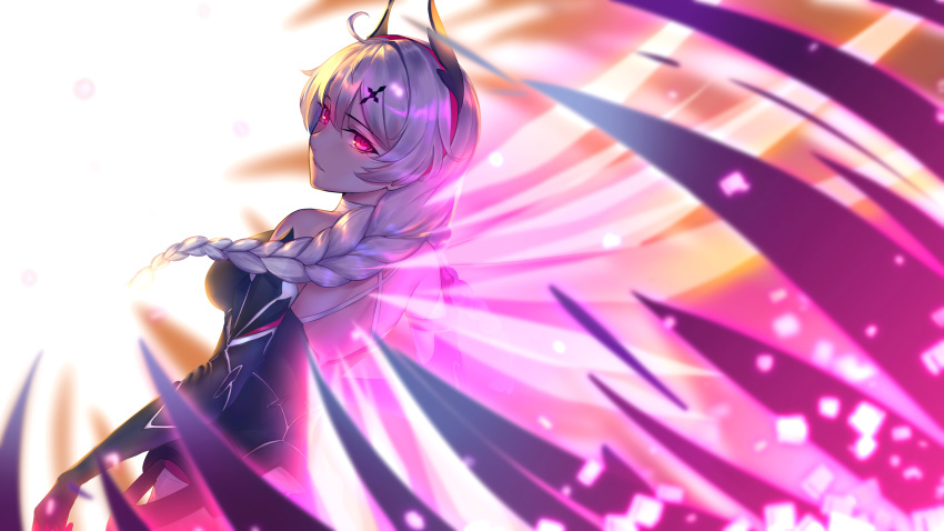 1girl absurdres ahoge bare_shoulders benghuai_xueyuan black_gloves blue_eyes braid cross_hair_ornament elbow_gloves fairy_wings gloves glowing glowing_eyes hair_between_eyes hair_ornament hairband highres honkai_impact iandrea kiana_kaslana long_hair looking_at_viewer looking_back parted_lips red_hairband silver_hair solo twin_braids wings