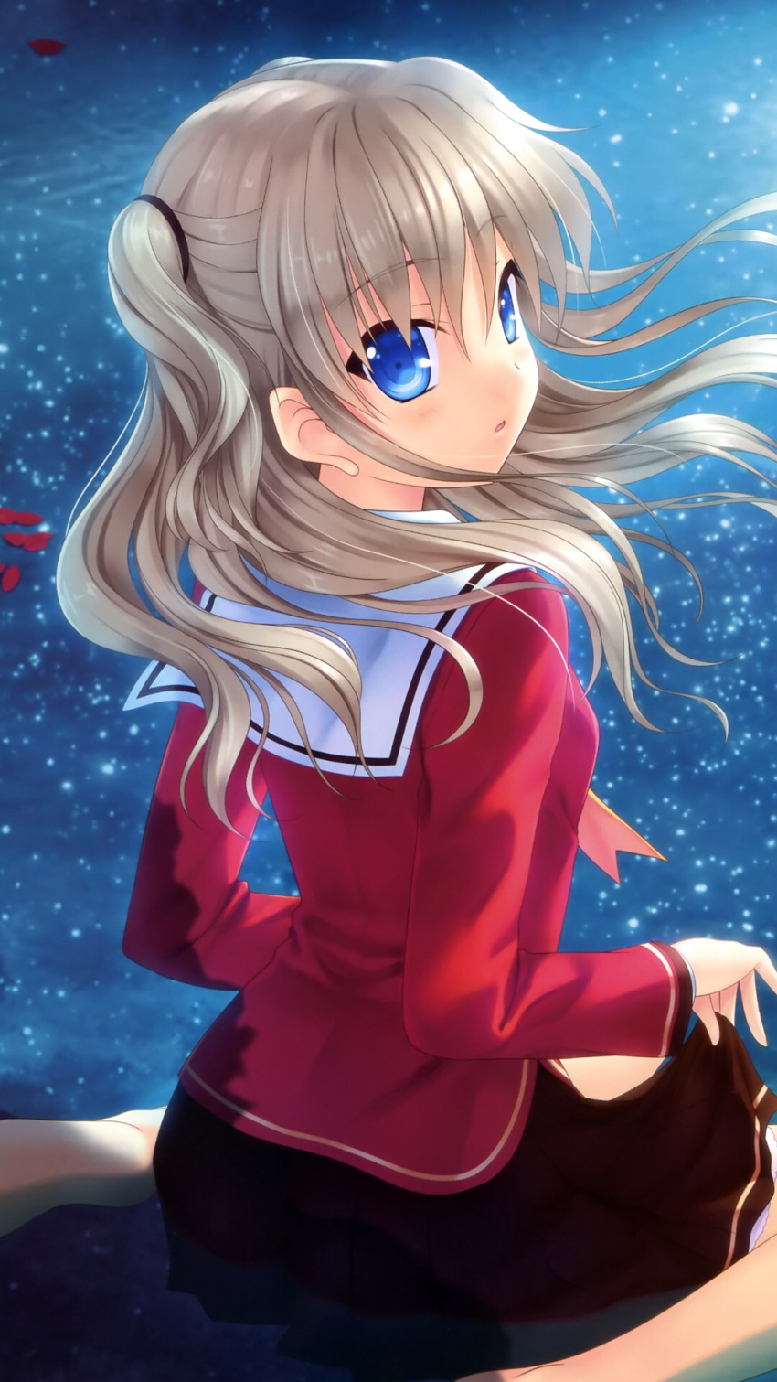 1girl blue_eyes brown_skirt charlotte_(anime) commentary_request eyebrows_visible_through_hair from_behind hair_tie highres holding_skirt hoshinoumi_academy_uniform long_hair looking_back open_mouth petals school_uniform seiza serafuku silver_hair sitting skirt sparkle tomori_nao two_side_up user_pjxr7587 water