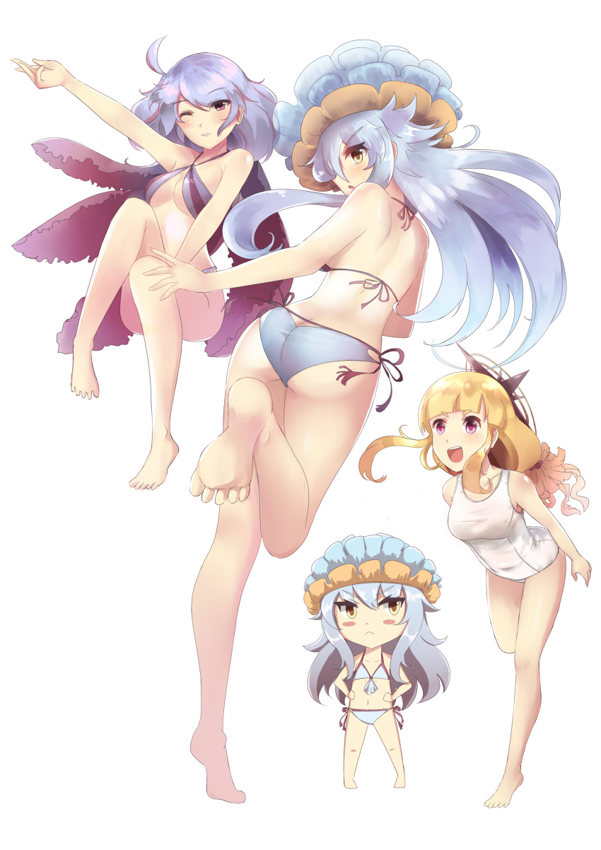 absurdres animal bare_back bikini blonde_hair blue_hair chibi from_behind highres humanization looking_at_viewer looking_back multiple_girls one-piece_swimsuit original personification school_swimsuit sudhiro swimsuit white_school_swimsuit white_swimsuit