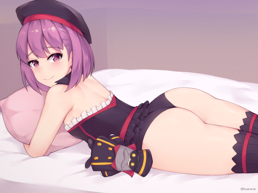 1girl ass automaton_(object) bare_shoulders black_hat black_legwear black_panties breasts closed_mouth colonel_olcott_(fate/grand_order) detached_collar doll dress fate/grand_order fate_(series) hat helena_blavatsky_(fate/grand_order) kuavera looking_at_viewer lying on_stomach panties pillow purple_hair short_hair small_breasts smile solo strapless strapless_dress thigh-highs underwear violet_eyes