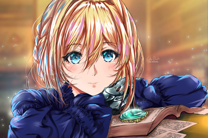 arms_on_table blonde_hair blue_eyes blue_shirt blush book braid brooch crossed_arms frills gbsartworks hair_between_eyes hair_intakes highres jewelry letter love_letter mechanical_arms mechanical_hand mechanical_hands open_book paper prosthesis prosthetic_arm prosthetic_hand shirt signature smile violet_evergarden violet_evergarden_(character)