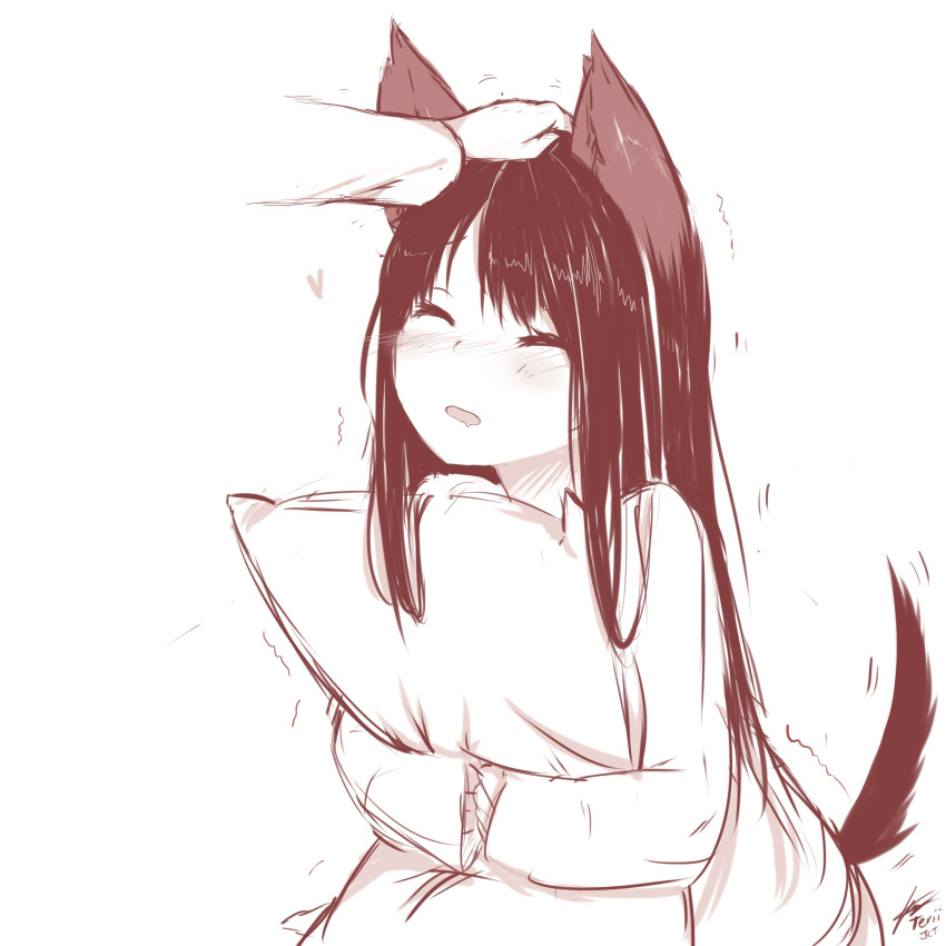 animal_ears artist_name blush closed_eyes commentary drooling english_commentary highres hug long_hair long_sleeves monochrome object_hug open_mouth original petting signature sketch tail tail_raised tail_wagging teriibol trembling wolf_ears wolf_girl wolf_tail