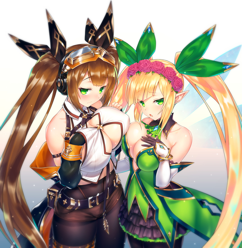 2girls :o arm_belt armband bad_anatomy bangs bare_shoulders bettle_(b_s_a_n) bike_shorts black_gloves blush bow breasts cleavage clenched_hand collarbone dress elf flower frederica_(sennen_sensou_aigis) frills gloves goggles goggles_on_head green_dress green_eyes hair_bow hair_flower hair_ornament hairband hand_on_own_breast hand_up headphones highres large_breasts long_hair looking_at_viewer multiple_girls pointy_ears sennen_sensou_aigis shorts spica_(sennen_sensou_aigis) standing thigh_strap twintails very_long_hair