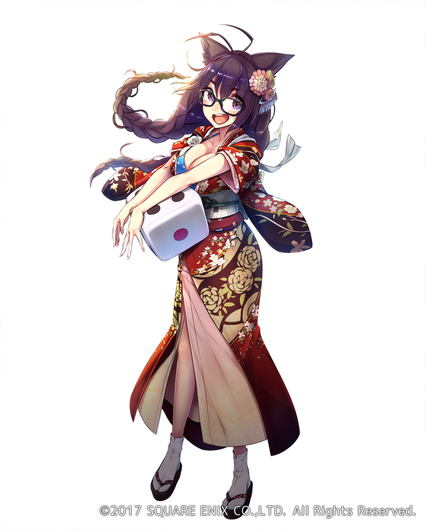 1girl animal_ears antenna_hair bikini_top braid breasts brown_hair cat_ears cleavage dice eyebrows_visible_through_hair full_body glasses hair_ornament highres japanese_clothes kimono large_breasts long_hair looking_at_viewer mappaninatta obi official_art open_mouth sash short_sleeves solo standing tabi twin_braids venus_rumble violet_eyes watermark white_background