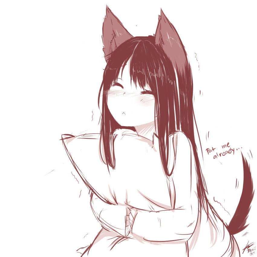 animal_ears artist_name blush closed_eyes commentary english english_commentary highres hug long_hair long_sleeves monochrome object_hug original signature sketch tail tail_raised tail_wagging teriibol trembling wolf_ears wolf_girl wolf_tail