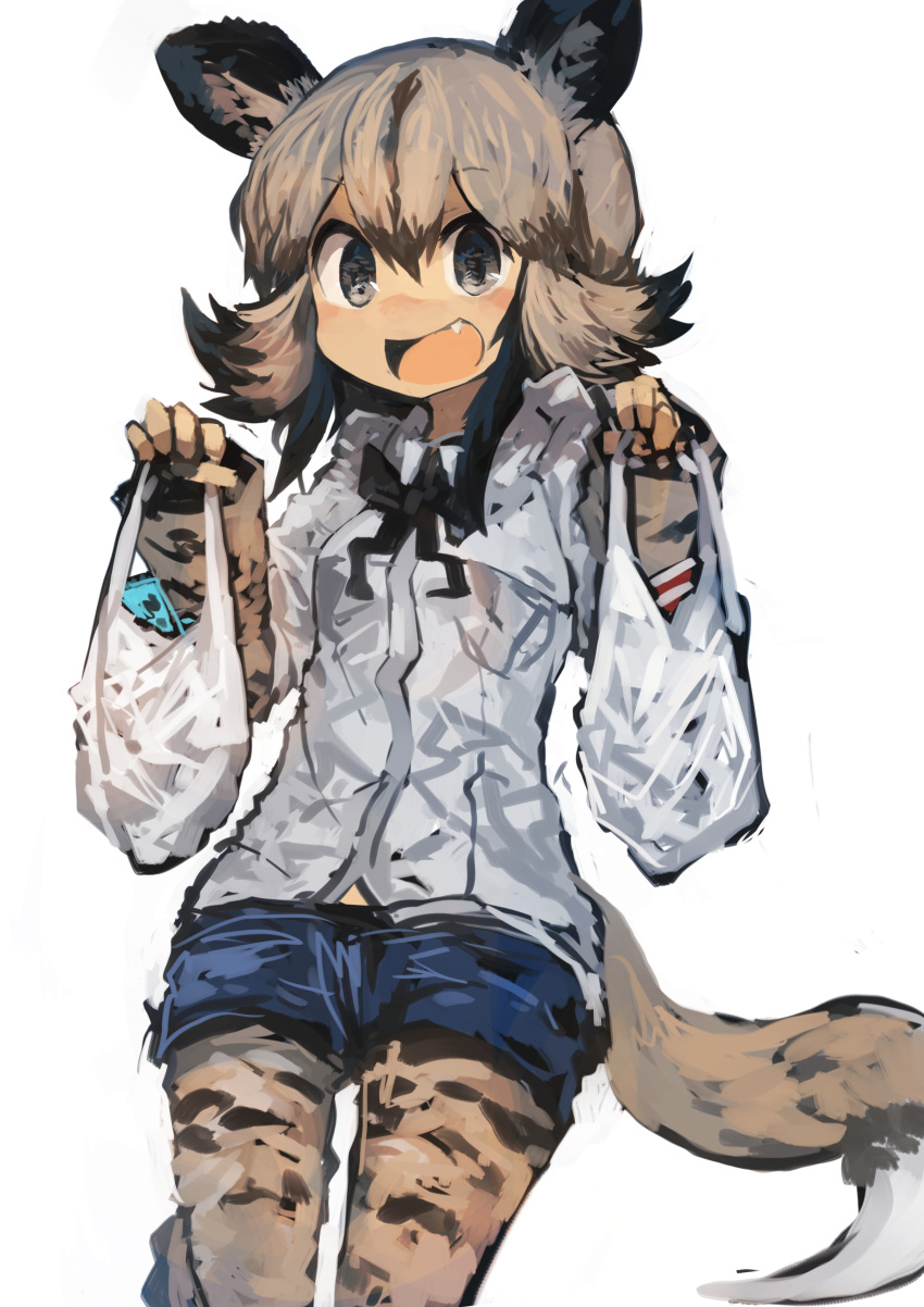 1girl absurdres african_wild_dog_(kemono_friends) african_wild_dog_print animal_ears bag bow bowtie brown_hair commentary_request cowboy_shot denim denim_shorts dog_ears dog_tail eyebrows_visible_through_hair fang highres kaamin_(mariarose753) kemono_friends light_brown_hair multicolored_hair open_mouth pantyhose shopping_bag short_hair shorts solo tail