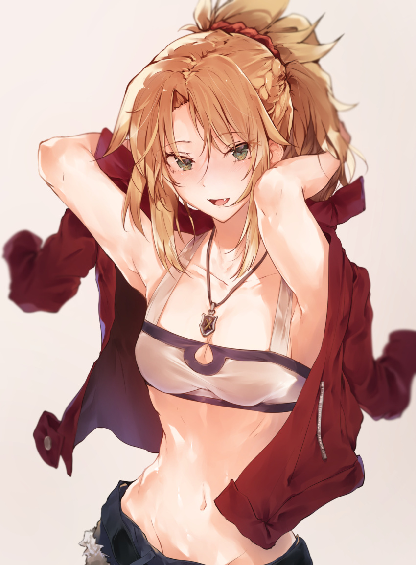 1girl armpits arms_behind_head arms_up bandeau blonde_hair blurry braid breasts collarbone commentary_request cutoffs denim denim_shorts depth_of_field eyebrows_visible_through_hair eyes_visible_through_hair fang fate/grand_order fate_(series) french_braid green_eyes hair_ornament hair_scrunchie highres hplay jacket jacket_on_shoulders jewelry looking_at_viewer mordred_(fate) mordred_(fate)_(all) navel necklace open_clothes open_jacket open_mouth ponytail red_jacket red_scrunchie scrunchie short_shorts shorts small_breasts solo vlad_iii_(fate/apocrypha)