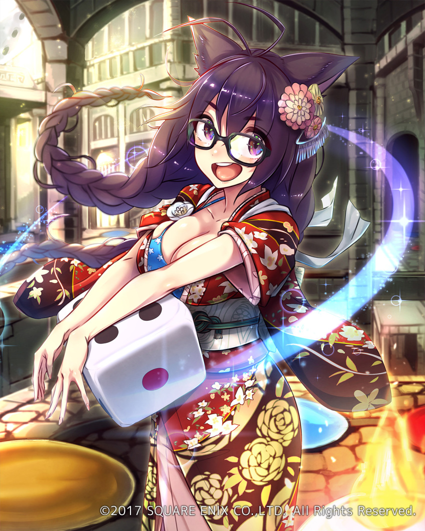 1girl animal_ears antenna_hair bikini_top braid breasts brown_hair cat_ears city cleavage dice eyebrows_visible_through_hair glasses hair_ornament highres japanese_clothes kimono large_breasts long_hair looking_at_viewer mappaninatta obi official_art open_mouth sash short_sleeves solo standing twin_braids venus_rumble violet_eyes watermark