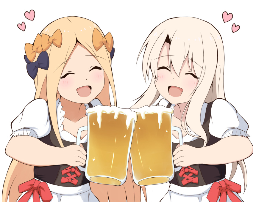 2girls :d ^_^ abigail_williams_(fate/grand_order) alcohol bangs beer beer_mug black_bow blonde_hair blush bow closed_eyes collarbone dirndl eyebrows_visible_through_hair facing_viewer fate/grand_order fate/kaleid_liner_prisma_illya fate/stay_night fate_(series) foam german_clothes hair_between_eyes hair_bow heart highres holding_mug illyasviel_von_einzbern mitchi multiple_girls open_mouth orange_bow parted_bangs puffy_short_sleeves puffy_sleeves red_bow shirt short_sleeves simple_background smile toast_(gesture) white_background white_shirt