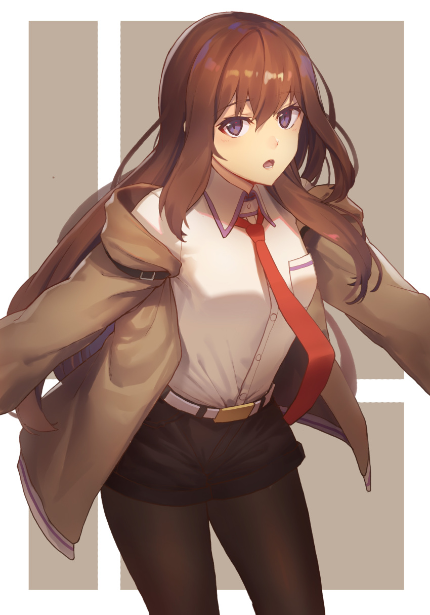 1girl absurdres belt blue_eyes breasts brown_hair collared_shirt cowboy_shot drll11 highres jacket long_hair looking_at_viewer makise_kurisu medium_breasts necktie off_shoulder open_mouth pantyhose pantyhose_under_shorts shirt short_shorts shorts simple_background solo steins;gate