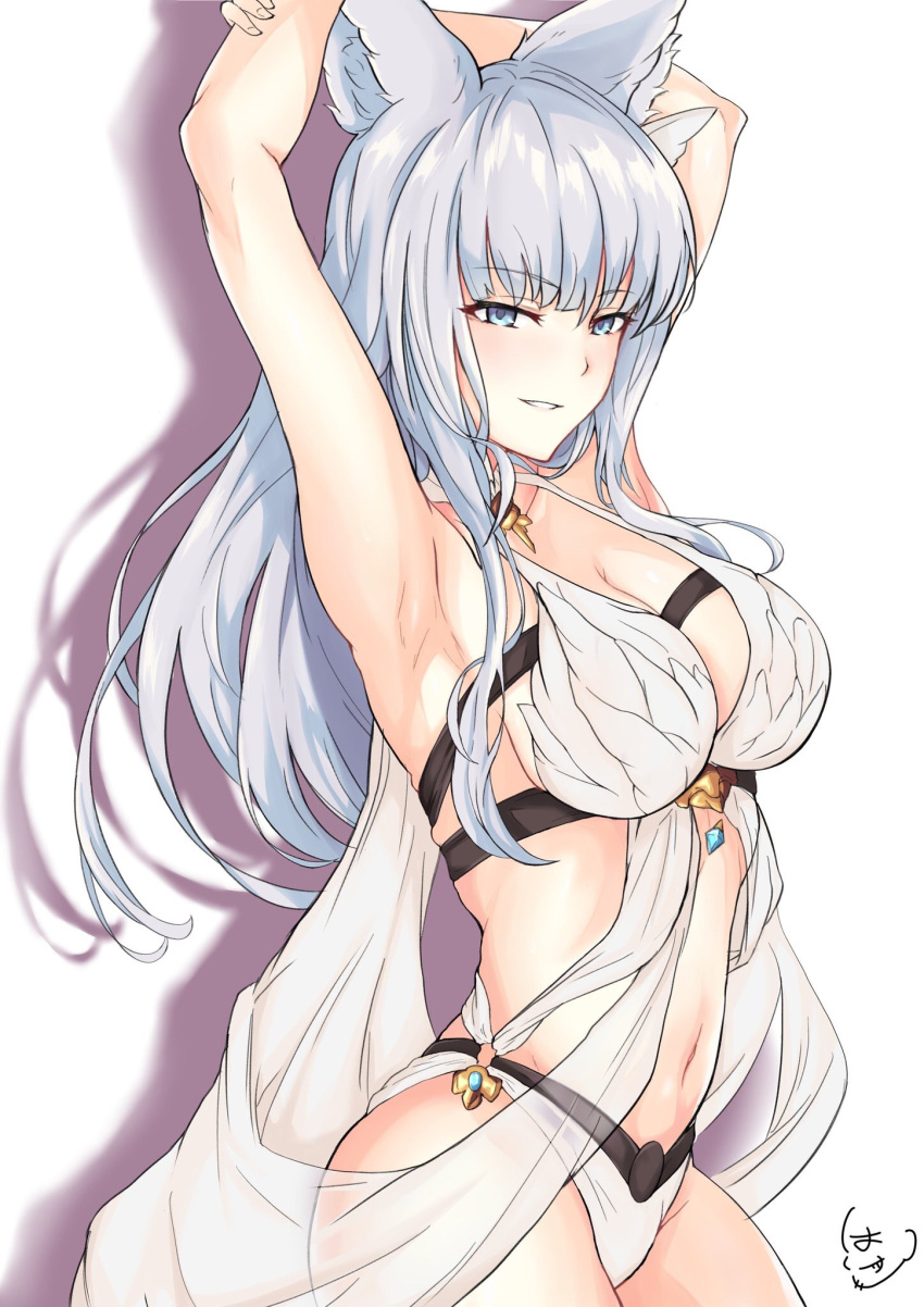 1girl animal_ears armpits arms_up bangs bare_shoulders bikini blue_eyes blunt_bangs blush breasts cleavage collarbone erune eyebrows_visible_through_hair granblue_fantasy hair_ornament highres hips jewelry korwa large_breasts long_hair looking_at_viewer navel sash shitamichi silver_hair simple_background smile solo swimsuit waist white_bikini