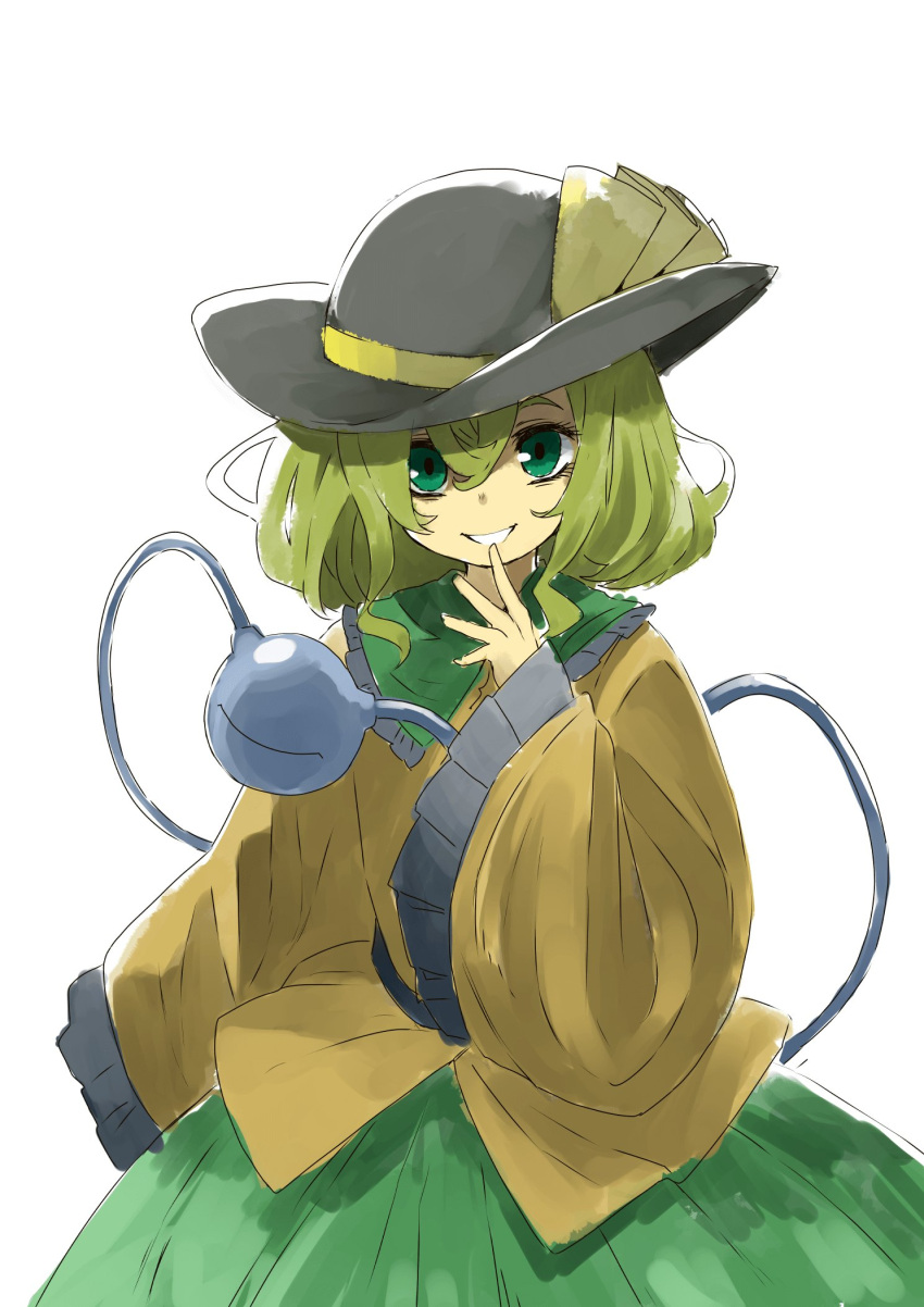 black_hat bow commentary_request green_eyes green_hair green_skirt hair_between_eyes hat hat_bow highres komeiji_koishi long_sleeves looking_at_viewer nunupon0514 open_mouth short_hair simple_background skirt smile third_eye touhou white_background wide_sleeves