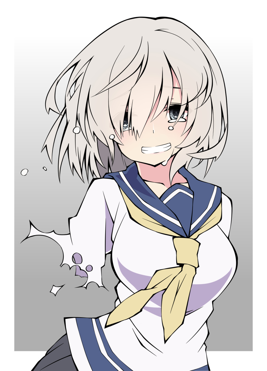 1girl absurdres amputee blue_eyes collarbone cowboy_shot crying crying_with_eyes_open eyes_visible_through_hair grey_background hamakaze_(kantai_collection) highres kantai_collection looking_at_viewer neckerchief sakakiba_misogi school_uniform serafuku short_sleeves silver_hair smile solo teardrop tears yellow_neckwear