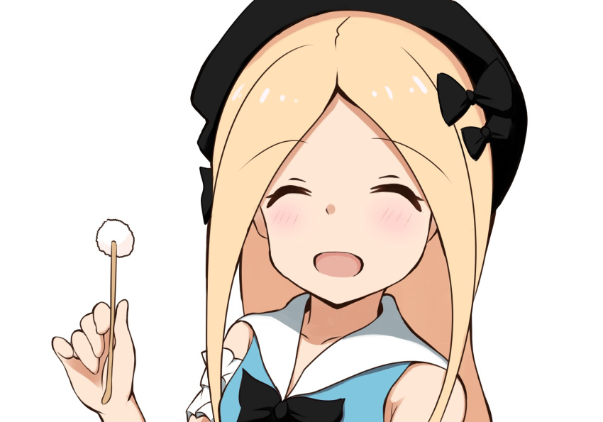1girl :d ^_^ abigail_williams_(fate/grand_order) bangs beret black_bow black_hat blonde_hair blue_dress blush bow closed_eyes collarbone commentary_request dress eyebrows_visible_through_hair facing_viewer fate/grand_order fate_(series) forehead hair_bow hat highres holding long_hair mimikaki mitiru_ccc2 open_mouth parted_bangs simple_background sleeveless sleeveless_dress smile solo very_long_hair white_background
