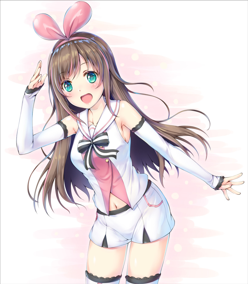 1girl :d a.i._channel akyorapenyo bangs bare_shoulders black_bow blush bow breasts brown_hair commentary_request detached_sleeves eyebrows_visible_through_hair green_eyes hair_ribbon hairband highres kizuna_ai lace lace-trimmed_thighhighs long_hair long_sleeves looking_at_viewer medium_breasts multicolored_hair navel open_mouth pink_hair pink_hairband pink_ribbon ribbon shirt short_shorts shorts sleeveless sleeveless_shirt sleeves_past_wrists smile solo streaked_hair striped striped_bow thigh-highs very_long_hair virtual_youtuber white_legwear white_shirt white_shorts