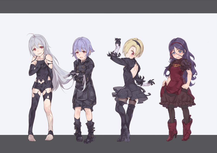 4girls ahoge backless_outfit black_dress black_footwear black_gloves black_hairband black_legwear black_shorts blonde_hair blue_eyes blush boots breasts cosplay dress dress_lift elbow_gloves from_behind full_body geregere_(lantern) gloves grey_background grey_legwear hair_between_eyes hair_over_one_eye hairband hayasaka_mirei head_tilt high_heel_boots high_heels holding_another's_hair hoshi_shouko idolmaster idolmaster_cinderella_girls koshimizu_sachiko lifted_by_self long_hair looking_at_viewer looking_back multicolored_hair multiple_girls n2_(nier_automata) n2_(nier_automata)_(cosplay) nier_(series) nier_automata open-back_dress open_mouth puffy_short_sleeves puffy_sleeves purple_background purple_hair red_dress red_eyes red_footwear red_hairband shirasaka_koume short_dress short_hair short_sleeves shorts silver_hair small_breasts smile standing streaked_hair sweatdrop thigh-highs thigh_boots toeless_legwear very_long_hair wavy_mouth yorha_no._2_type_b yorha_no._2_type_b_(cosplay) yorha_no._9_type_s yorha_no._9_type_s_(cosplay) yorha_type_a_no._2 yorha_type_a_no._2_(cosplay)