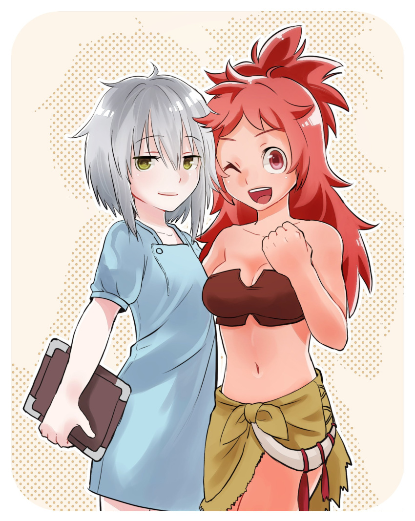 2girls :d bare_arms bare_shoulders beltbra blue_dress breasts cleavage clipboard dress green_eyes grey_hair hand_up highres hug long_hair looking_at_viewer made_in_abyss medium_breasts mitty_(made_in_abyss) mitty_(made_in_abyss)_(human) multiple_girls nanachi_(made_in_abyss) nanachi_(made_in_abyss)_(human) navel nurse one_eye_closed open_mouth red_eyes redhead short_hair smile standing usuki_(usukine1go)