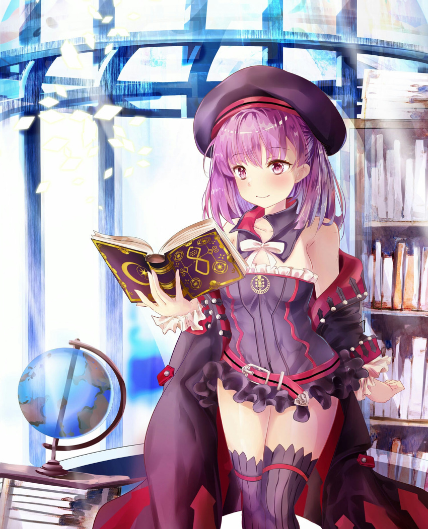 1girl bangs belt_buckle beret black_coat black_collar black_dress black_hat black_legwear blush book bookshelf bow breasts buckle closed_mouth collarbone commentary_request crescent detached_collar directional_arrow dress eyebrows_visible_through_hair fate/grand_order fate_(series) globe hair_between_eyes hat helena_blavatsky_(fate/grand_order) highres holding holding_book indoors long_hair long_sleeves looking_away looking_down mutang off_shoulder open_book purple_hair red_belt ribbed_legwear small_breasts smile solo strapless strapless_dress thigh-highs transparent tree_of_life violet_eyes white_bow