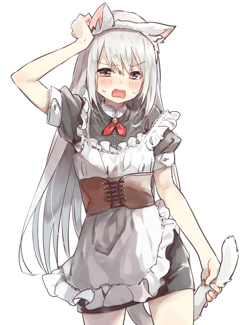 1girl animal_ears apron arm_up bangs blush brown_eyes cat_ears cat_girl cat_tail commentary_request cowboy_shot dress eyebrows_visible_through_hair fingernails frilled_apron frills grey_dress hair_between_eyes hand_on_own_head highres holding_own_tail long_hair looking_at_viewer maid_apron open_mouth original pomu puffy_short_sleeves puffy_sleeves short_sleeves sidelocks silver_hair simple_background solo sweat tail very_long_hair white_apron white_background