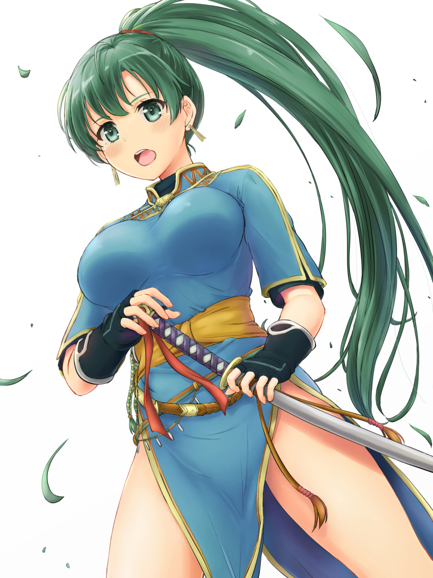 1girl blue_dress breasts cowboy_shot dress earrings fingerless_gloves fire_emblem gloves green_eyes green_hair highres inanaki_shiki jewelry katana leaf long_hair looking_at_viewer lyndis_(fire_emblem) medium_breasts open_mouth pelvic_curtain ponytail simple_background solo sword thighs weapon white_background
