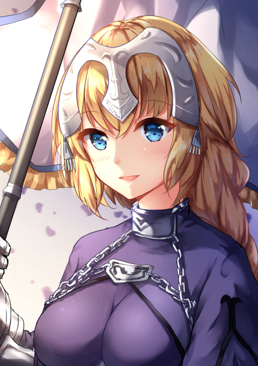 1girl :d bangs blonde_hair blue_eyes blush braid breasts chahei chains commentary_request dress eyebrows_visible_through_hair fate/apocrypha fate/grand_order fate_(series) gauntlets hair_between_eyes head_tilt headpiece highres holding jeanne_d'arc_(fate) jeanne_d'arc_(fate)_(all) large_breasts long_hair looking_at_viewer open_mouth purple_dress smile solo