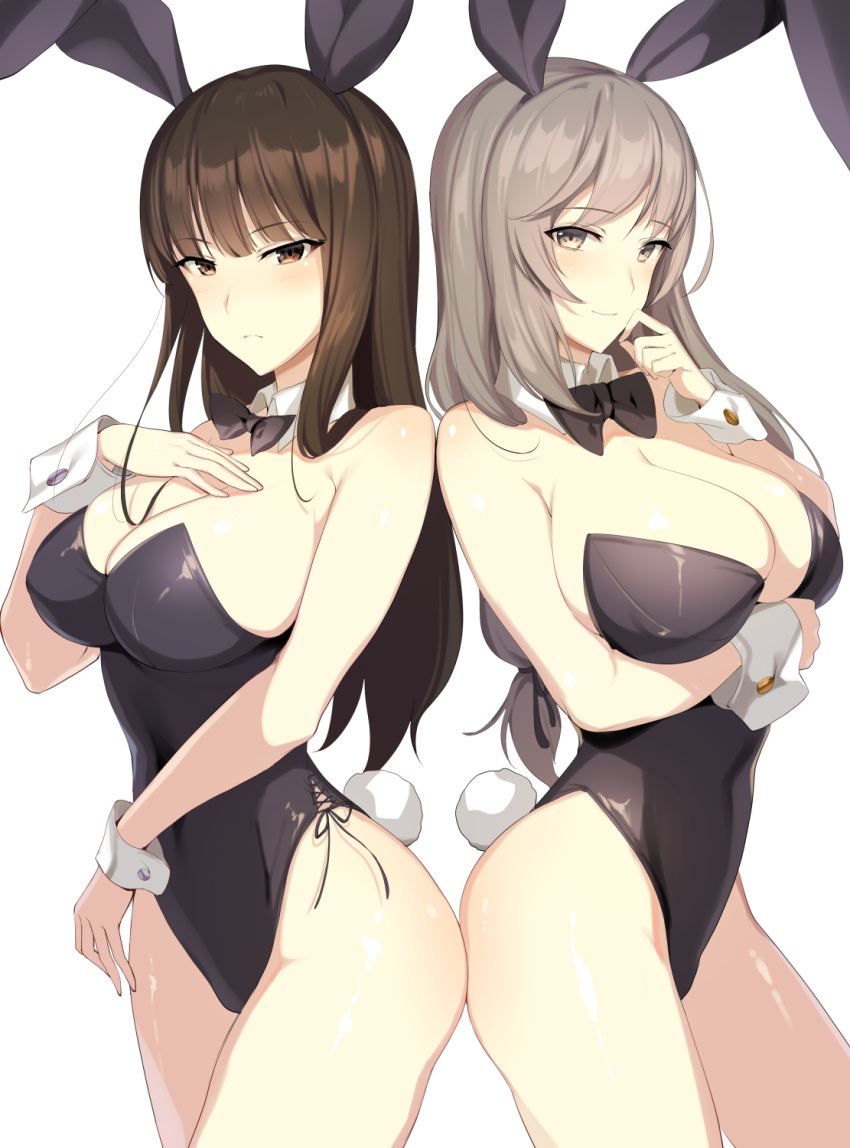 2girls animal_ears back-to-back black_leotard black_neckwear bow bowtie breast_rest breasts brown_eyes brown_hair bunny_tail bunnysuit cowboy_shot detached_collar girls_und_panzer grey_eyes hand_on_own_chest highres ikomochi large_breasts leotard long_hair looking_at_viewer mature multiple_girls nishizumi_shiho rabbit_ears shimada_chiyo silver_hair simple_background straight_hair strapless strapless_leotard tail white_background wrist_cuffs