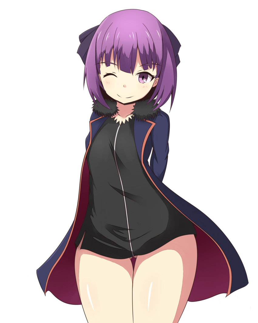 1girl ;) arms_behind_back ass_visible_through_thighs bangs black_bow black_dress blue_jacket blush bow breasts closed_mouth collarbone cosplay cowboy_shot dress eyebrows_visible_through_hair fate/grand_order fate_(series) fur-trimmed_jacket fur_trim hair_between_eyes hair_bow head_tilt helena_blavatsky_(fate/grand_order) highres jacket jeanne_d'arc_(alter)_(fate) jeanne_d'arc_(alter)_(fate)_(cosplay) jeanne_d'arc_(fate)_(all) looking_at_viewer mitchi one_eye_closed purple_hair short_hair simple_background small_breasts smile solo thigh_gap violet_eyes white_background wicked_dragon_witch_ver._shinjuku_1999