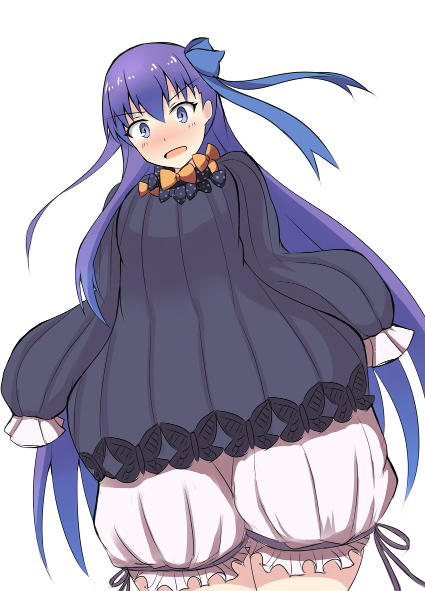 1girl :d abigail_williams_(fate/grand_order) abigail_williams_(fate/grand_order)_(cosplay) absurdres bangs black_bow black_dress bloomers blue_bow blush bow bug butterfly cosplay dress dutch_angle eyebrows_visible_through_hair fate/extra fate/extra_ccc fate/grand_order fate_(series) hair_between_eyes hair_bow highres insect long_hair long_sleeves meltlilith mitchi nose_blush open_mouth orange_bow polka_dot polka_dot_bow purple_hair simple_background sleeves_past_fingers sleeves_past_wrists smile solo underwear very_long_hair violet_eyes white_background white_bloomers