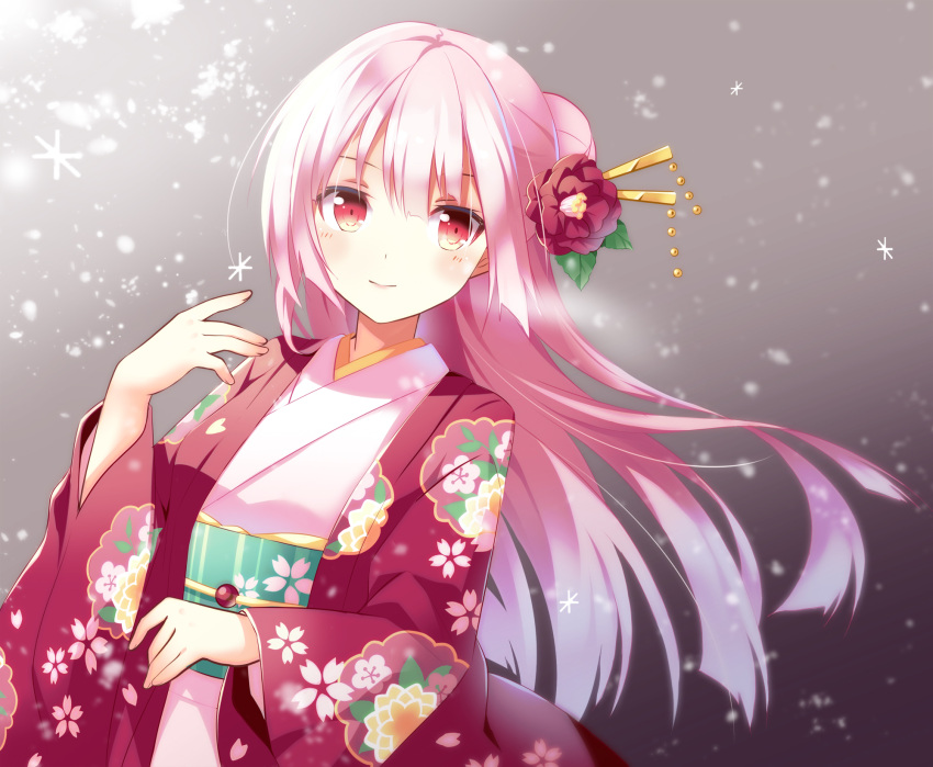 1girl bangs floating_hair flower gradient gradient_background grey_background hair_between_eyes hair_flower hair_ornament highres japanese_clothes kimono long_hair looking_at_viewer obi original pink_hair red_eyes red_flower sash shiro_kuma_shake smile snowflakes solo upper_body very_long_hair