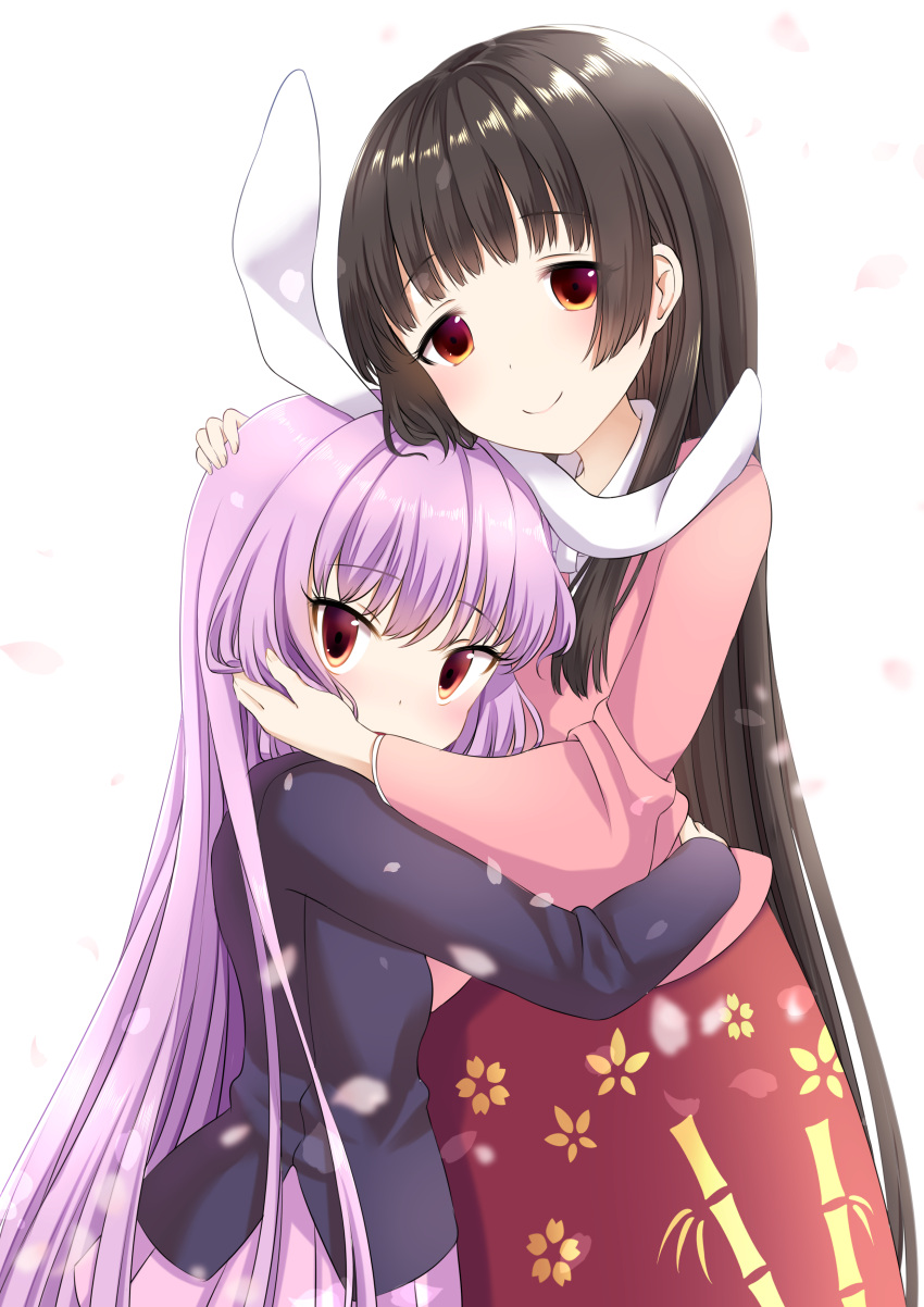 2girls absurdres animal_ears bamboo_print bangs black_hair blouse blunt_bangs eyebrows_visible_through_hair floral_print hair_between_eyes hand_in_another's_hair hand_on_another's_back hand_on_another's_head head_on_head highres houraisan_kaguya hug japanese_clothes lavender_hair lavender_skirt long_hair long_sleeves looking_at_viewer multiple_girls orange_eyes petals pink_blouse pleated_skirt rabbit_ears red_eyes red_skirt reisen_udongein_inaba simple_background skirt smile suit_jacket touhou tsukimirin very_long_hair white_background yuri