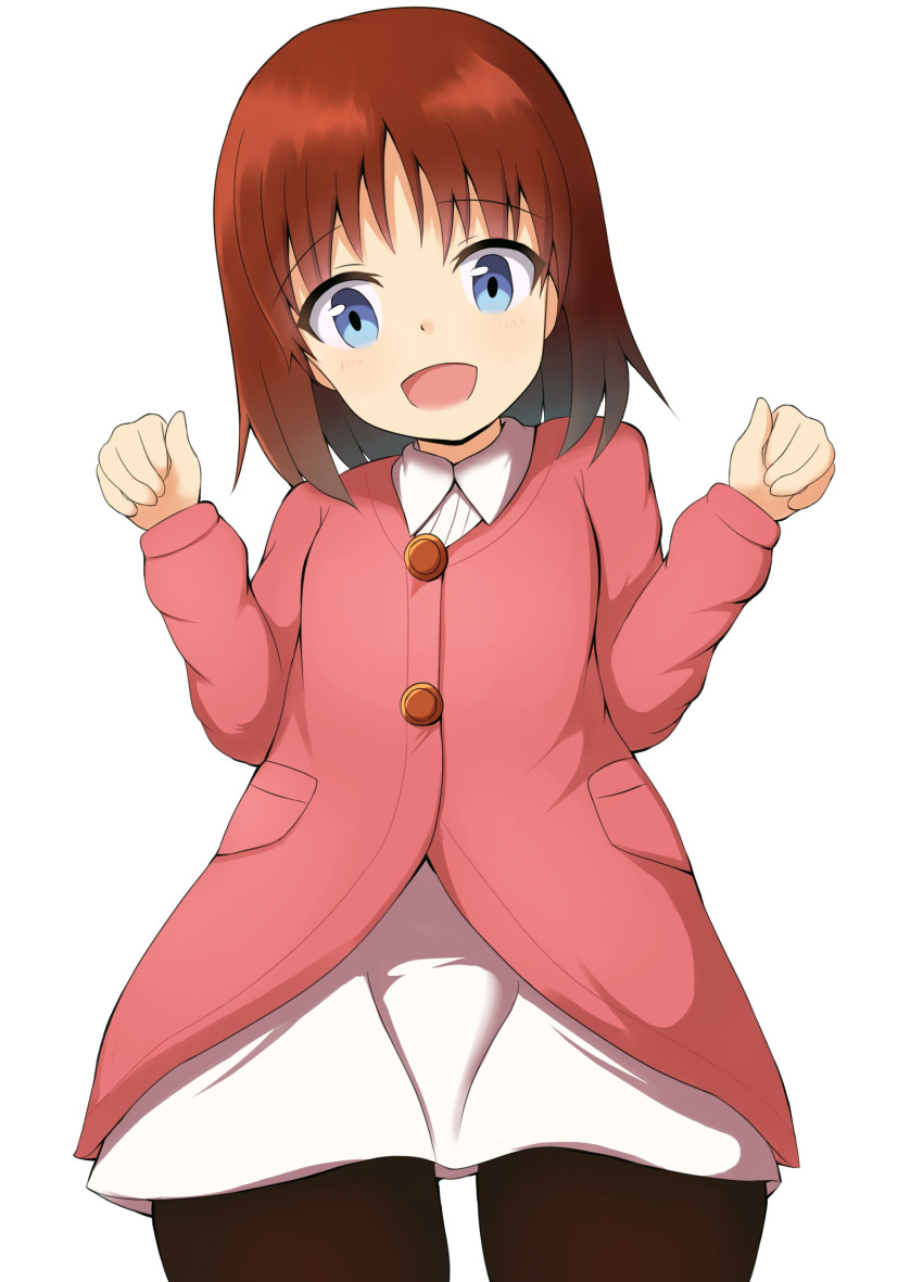 1girl :d absurdres bangs black_legwear blue_eyes blush brown_hair collared_dress commentary_request copyright_request cowboy_shot dress eyebrows_visible_through_hair hands_up head_tilt highres jacket long_hair long_sleeves looking_at_viewer mitiru_ccc2 open_mouth pantyhose pink_jacket smile solo white_dress