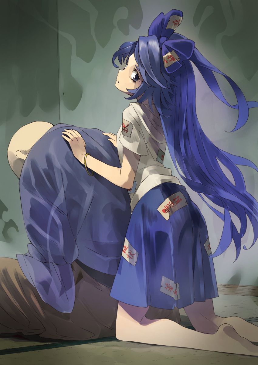1boy 1girl bald barefoot black_eyes blue_bow blue_hair blue_skirt bow from_side hair_bow hands_on_another's_back highres indoors kneeling long_hair looking_at_viewer nunupon0514 pleated_skirt profile sitting skirt tatami touhou very_long_hair yorigami_shion