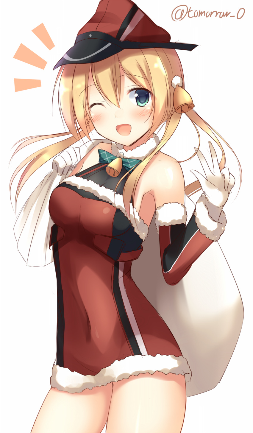 1girl ;d bangs bell blonde_hair blue_eyes blunt_bangs blush breasts covered_navel cowboy_shot detached_sleeves dress eyebrows_visible_through_hair fur_trim gift_bag gloves hair_bell hair_between_eyes hair_ornament hat highres holding_bag kantai_collection long_hair looking_at_viewer medium_breasts one_eye_closed open_mouth prinz_eugen_(kantai_collection) red_dress red_hat santa_costume short_dress sideboob signature simple_background sketch sleeveless sleeveless_dress smile solo standing tomoo_(tomo) w white_background white_gloves
