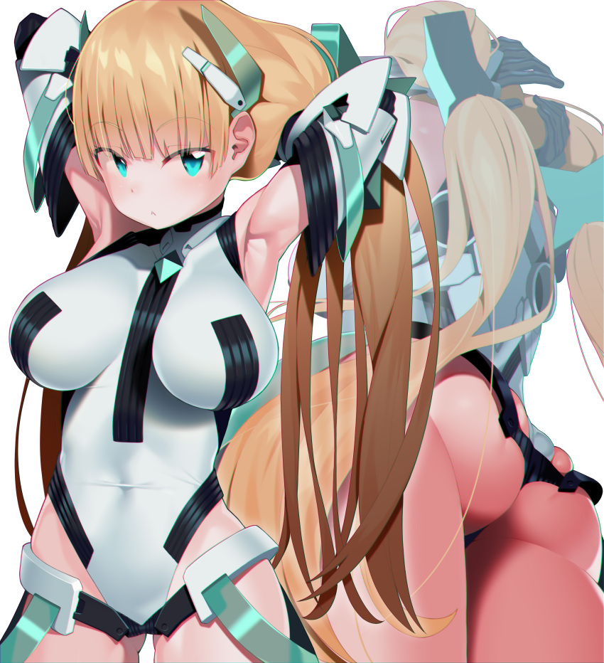 1girl absurdres angela_balzac aqua_eyes armpits arms_up ass ass_visible_through_thighs blonde_hair covered_navel highres leotard long_hair miyamae_(miyazen9311) multiple_views raised_eyebrows rakuen_tsuihou simple_background solo thighs very_long_hair white_background