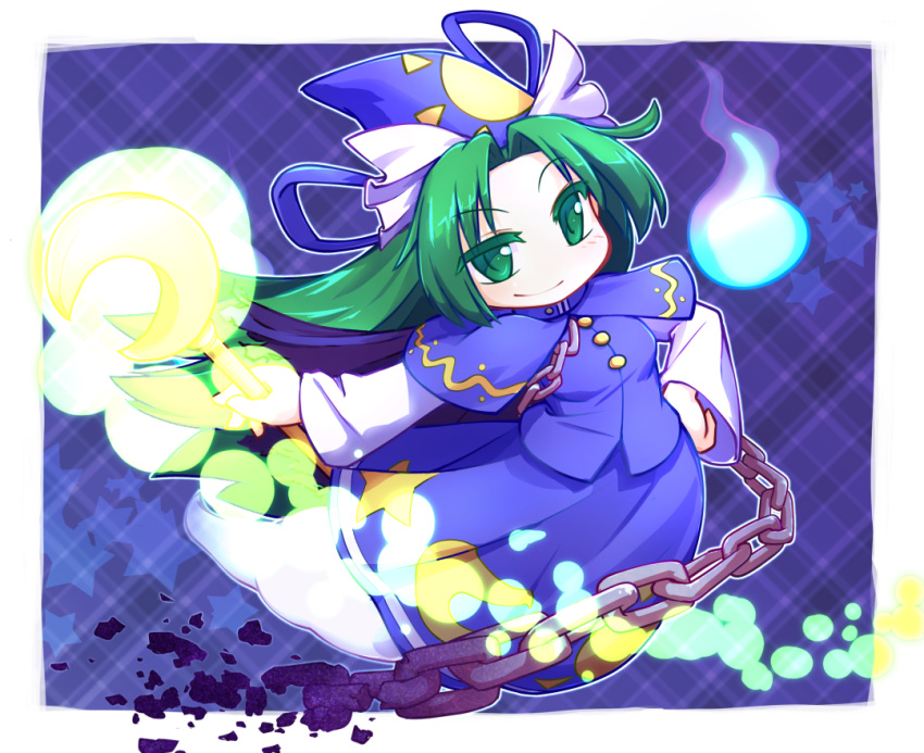1girl bangs blue_background broken broken_chain capelet chains chibi crescent full_body ghost_tail green_eyes green_hair hand_on_hip hat hitodama holding holding_staff isu_(is88) leaning_to_the_side light_particles long_hair long_sleeves looking_at_viewer mima outstretched_arm parted_bangs plaid plaid_background smile solo staff star star_print touhou touhou_(pc-98) wizard_hat