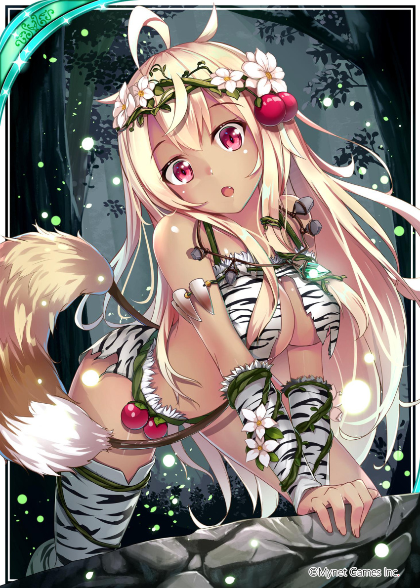 1girl :o ahoge arm_support bangs bare_shoulders barefoot blonde_hair blush breasts character_request cleavage dark_skin eyebrows_visible_through_hair fang fingernails flower forest hair_between_eyes hair_flower hair_ornament head_tilt highres long_hair looking_at_viewer medium_breasts nature night official_art open_mouth outdoors red_eyes revealing_clothes rock shinkai_no_valkyrie solo tail torn_clothes tree very_long_hair white_flower white_tiger_print yan_(nicknikg)